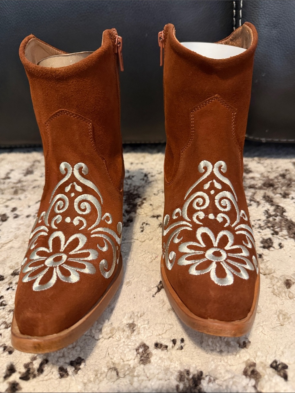 Agave Sky Women's Cowgirl Brown Suede Ankle Boots with Creme Embroidery - Picture 2 of 6